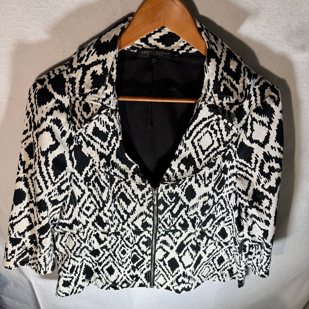 Robert Kitchen Canada Black & White Ikat Geometric Zip-Front Moto Jacket - XL